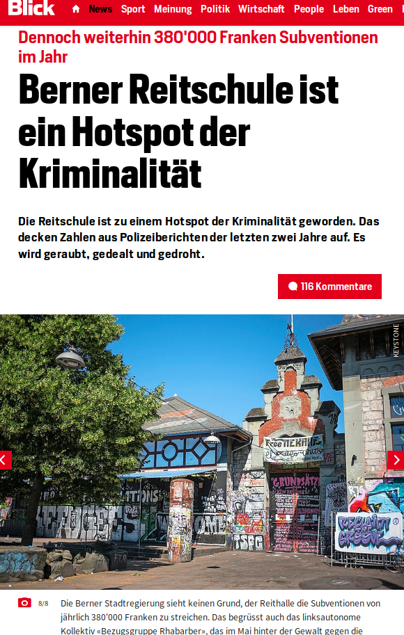Bildschirmfotoausriß: Bericht zu Kriminalität in der mit Steuergeldern subventionierten linksextremistischen Reithalle / Reitschule Bern (Blick.ch)