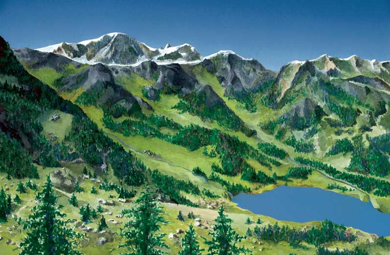 Wo heute Gletscher sind war es früher grün: Der Sustenpass, wie er zur Römerzeit vor etwa 2000 Jahren ausgesehen haben könnte: Der Steigletscher hat sich auf die Höhe der Tierberglihütte (2795 m) zurückgezogen, die Baumgrenze lag deutlich höher. Bild: Aus „Die Alpen“/Zeichnung Atelier Thomas Richner nach Vorlage Christoph Schlüchter
