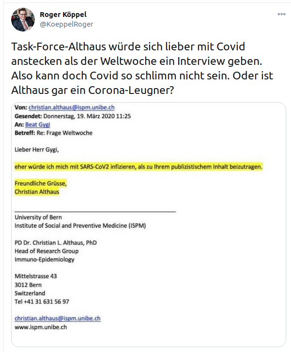 Experte des Bundes hält Covid19 für gar nicht so gefährlich +++ Dr. Christian Althaus: Lieber Corona als Interview