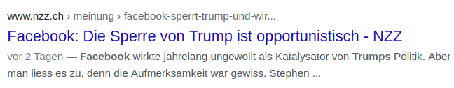 "Facebook: Die Sperre von Trump ist opportunistisch" schreibt Reto Stauffacher in der NZZ