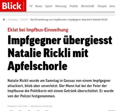 Der Blick änderte die Überschrift. Natalie Rickli wurde in der zweiten Überschrift "mit Apfelschorle übergossen"