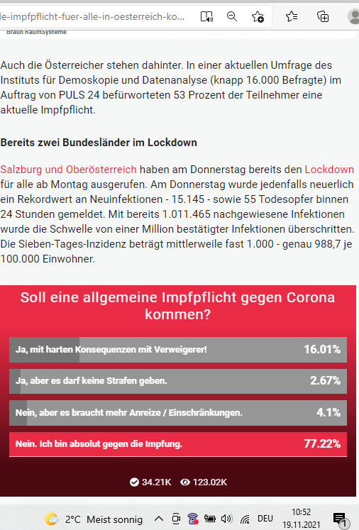 Über 81 % der Österreicher sind laut heute.at gegen eine Impfpflicht. Und dies in einer Umfrage mit über 35.000 Teilnehmern und in einem Artikel von Herbert Neubauer, welcher vom Gegenteil spricht.