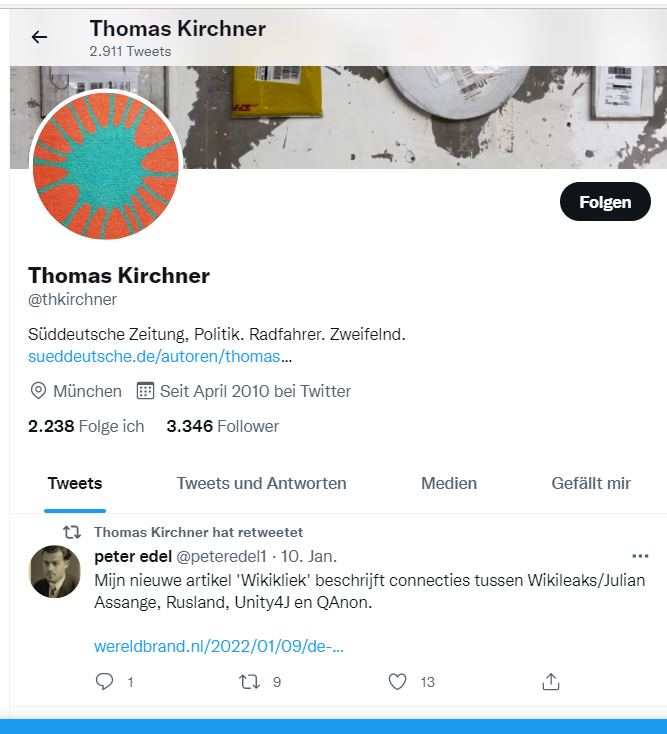 Thoma Kirchner teilte auf Twitter kurz vor Erscheinen des Artikels über Nils Melzer einen Diffamierungsartikel über Assange ( wereldbrand.nl/2022/01/09/de-wikikliek/?fbclid=IwAR36wWtB4ZQxUMD2UVcinK7dHquvfeHpvr6zD0SFpnt-IVD8Zov4nlkQ-uU“)