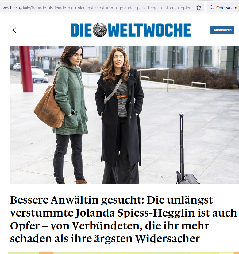 Anwältin Rena Zulauf verliert: Buch über Jolanda Spieß-Hegglin darf erscheinen +++ Auch bei Patricia Läri Niederlage