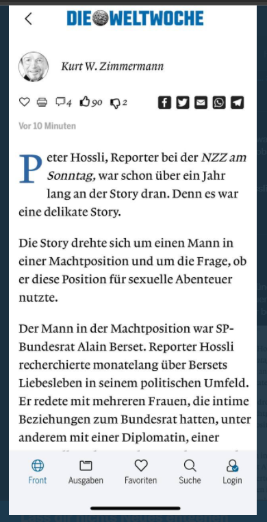 Wie Jonas Projer, Chefredaktor der NZZ am Sonntag den Bericht über Alain Berset verhinderte, schreibt Kurt W. Zimmermann in der Weltwoche.