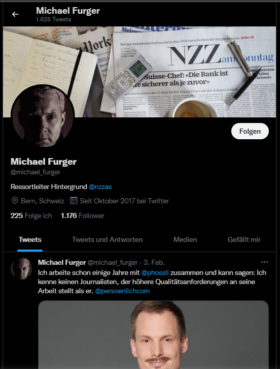 Michael Furger schreibt, er kenne "keinen Journalisten, der höhere Qualitätsanforderungen an seine Arbeit stellt, als er" (Hossli, Anm. d. Red.)
