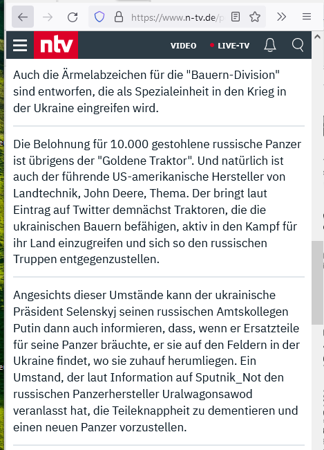Deutscher Sender „n-tv“ schwafelt von „10.000 gestohlenen russischen Panzern“