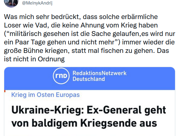 Botschafter der Ukraine, Andrij Melnyk, beschimpft deutschen Ex-Brigadegeneral als „erbärmlichen Loser“
