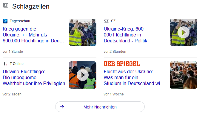 Bildschirmfoto: Google.ch-Schlagzeilen aus Deutschland zur Aufnahme von Ukraine-Flüchtlingen.