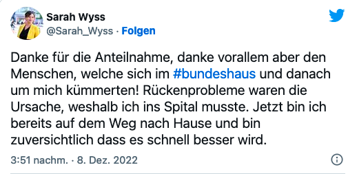 Nach Lukas Reimann auch Sarah Wyss: Zusammenbruch im Bundeshaus