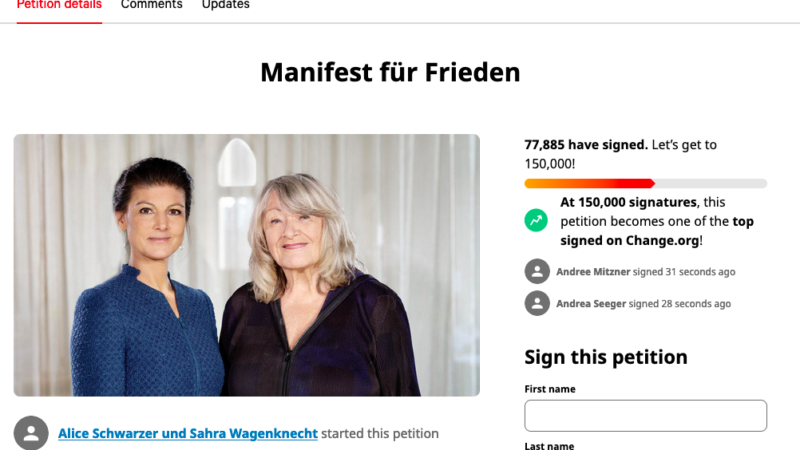 Bereits fast 80.000 (351.000) Unterschriften für Stopp der Waffenlieferungen an die Ukraine und Aufnahme von Friedensverhandlungen