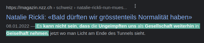 NZZ am Sonntag vom 8.1.2022: Ungeimpfte nehmen laut Natalie Rickli die Gesellschaft "in Geiselhaft".