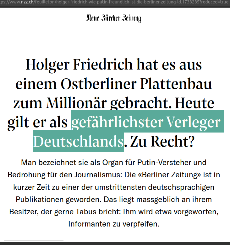 „Haltungsjournalisten, wie sie die NZZ agieren läßt, wollen keine Meinungsvielfalt. Sie halten deshalb Informationsvielfalt für entbehrlich.“