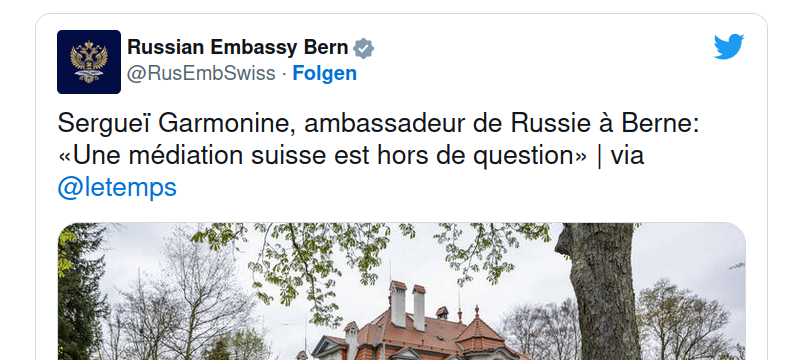 Rußlands Botschafter in Bern schließt Vermittlung der Schweiz aus
