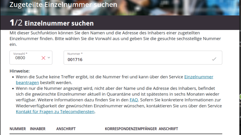 Inhaber von 0800-er-Nummer herausfinden: Beispiel 0800001716, IN-telegence GmbH