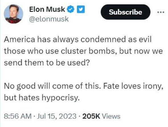 Ukraine-Stellvertreterkrieg: Elon Musk kritisiert Streubomben-Lieferung durch die USA
