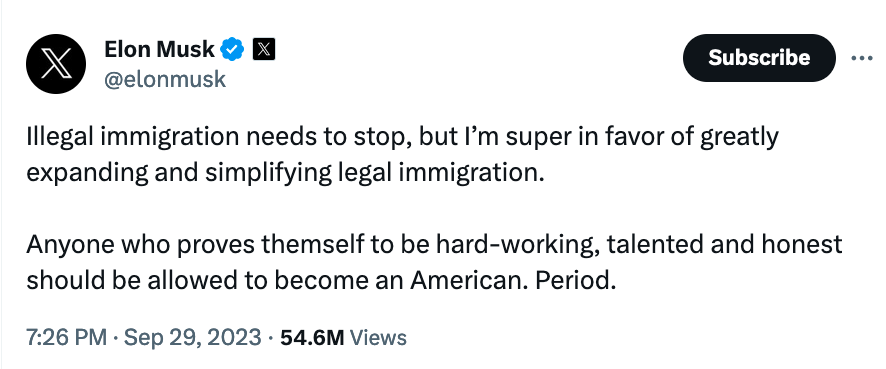Elon Musk äußert sich zu illegaler und legaler Einwanderung