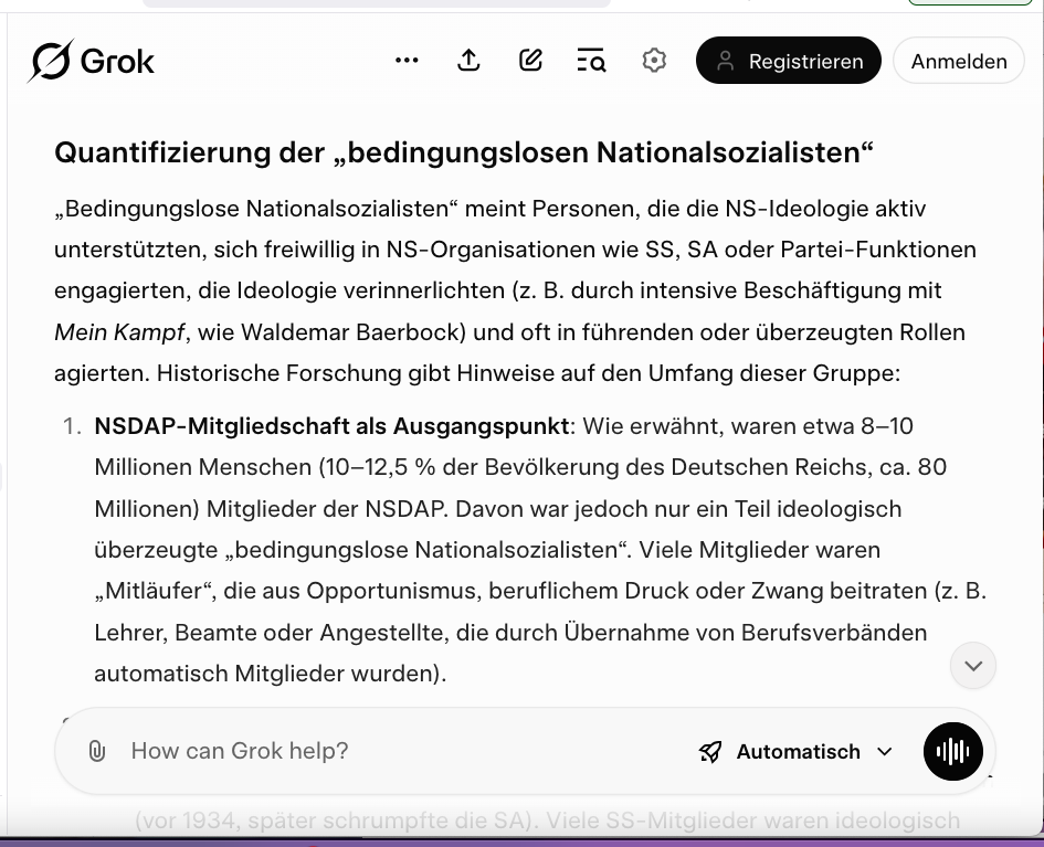 Frage an Grok3: Wieviele „bedingungslose Nationalsozialisten“ gab es im Dritten Reich?
