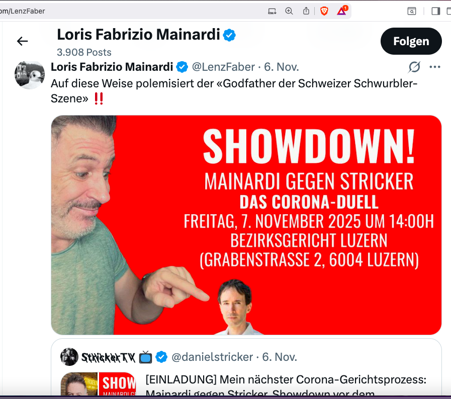 Loris Mainardi beklagte sich noch vor dem Prozeß auf X darüber, daß Daniel Stricker vor dem Gerichtstermin weiter polemisiere.