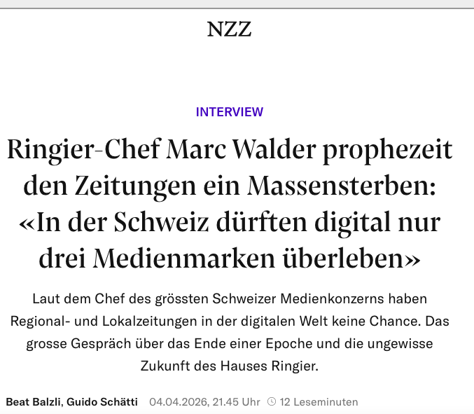 Marc Walder glaubt, nur Blick, 20Min und NZZ werden überleben