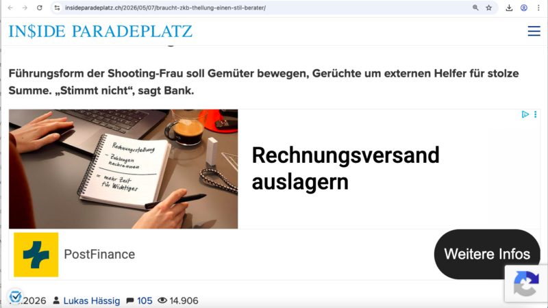 Postfinance-Werbung auf Inside Paradeplatz